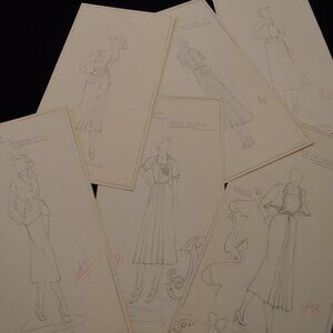 Six French Original Art Pencil Sketches of 1950 Paris Fashions, Signed